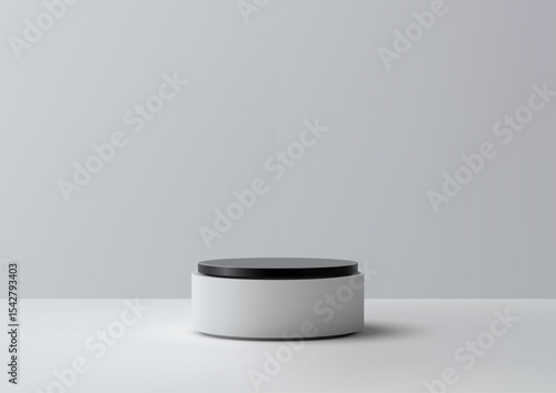 Minimalist 3d white cylindrical podium with a black top, isolated on a light gray background. product mockups, modern presentations