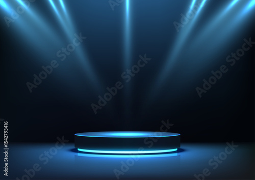 futuristic blue glowing podium with spotlight beams technology display modern sleek sci fi cyber showcase exhibition mockup