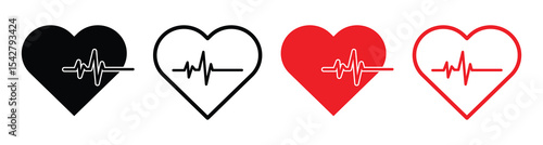 Red Heartbeat Line Icons – One Line Drawing of Pulse and EKG Symbols for Medical Design, vector illustration.