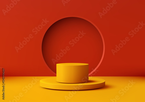 vibrant yellow cylindrical podium on circular base with bold red wall cutout minimalist modern product display mockup showroom