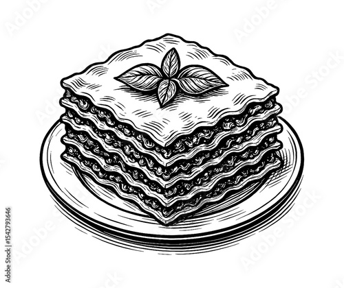 Hand Drawn Lasagna on Plate with Basil Leaf Topping Illustration Style