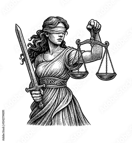 Blindfolded Lady Justice Holding Scales and Sword in Detailed Engraving Black and White