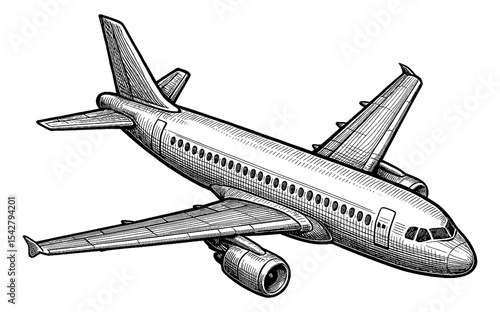 Detailed Monochrome Drawing of a Passenger Airplane Flying in the Air with Crosshatch Shading