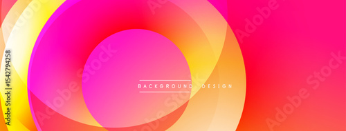 Abstract vibrant layers create dynamic gradient effect. Pink, orange hues blend smoothly, forming circular shapes. Modern design element.
