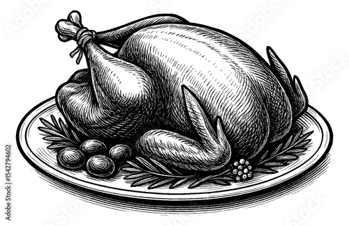 Engraved illustration of a roasted turkey on a plate with herbs and small fruits.