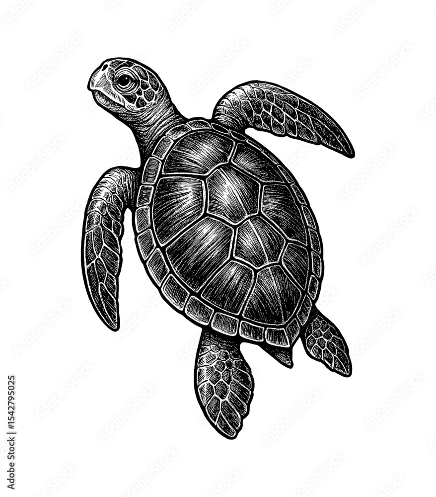 Fototapeta premium Detailed Engraved Illustration of a Sea Turtle Swimming in the Ocean Waters