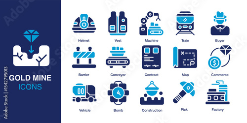Gold Mine Icon Set. Containing Helmet, Machine, Conveyor, Map, Pick, and Factory. Solid vector icons collection. Vector illustration.