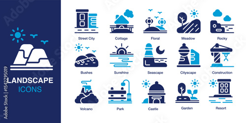 Landscape Icon Set. Containing Street City, Cottage, Sunshine, Volcano, Garden, and Resort. Solid vector icons collection. Vector illustration.