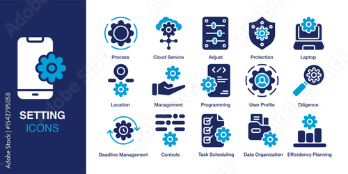 Setting Icon Set. Containing Cloud Service, Adjust, User Profile, Programming, Task Scheduling, and Efficiency Planning. Solid vector icons collection. Vector illustration.