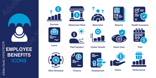Employee Benefits icon set. Containing Resume, Paid Vacation, Career Growth, Vision Care, Finance, and Performance. Solid vector icons collection. Vector illustration.