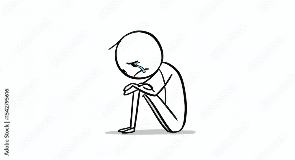 Simple Line Drawing of a Person Experiencing Sadness and Grief Simple Line Drawing of a Person Experiencing Sadness and Grief