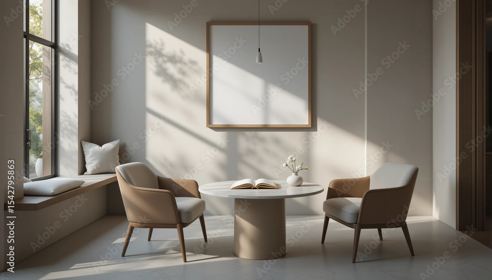 Fototapeta premium Modern interior design of living room with kitchen and dining room. Luxurious apartment background with contemporary design. Wall mock up. 3D render, Frame mockup, ISO A paper size