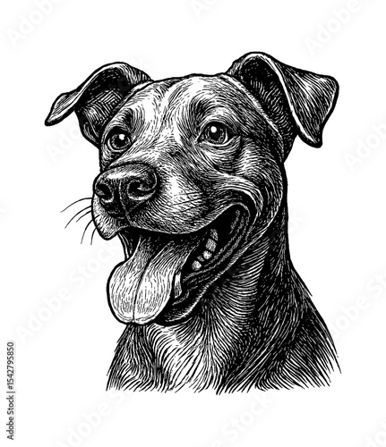 Happy Dog Portrait with Tongue Out in Black and White Engraved Style Illustration