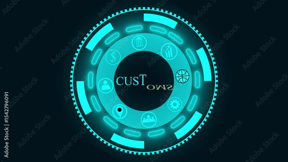 A Customs button on a clear projection , network icon holographic advanced HUD circle platform glowing dots digital. A Customs button on a clear projection , network icon holographic advanced HUD circle platform glowing dots digital.