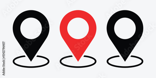 Three location pins black and red map markers set