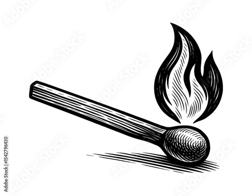 Engraved Illustration of a Burning Matchstick with Detailed Black and White Lines
