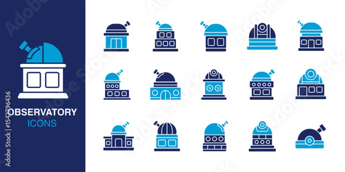 Observatory icon set. Containing Telescope, Dome, Astronomy, Building, Planetarium, and Research. Solid vector icons collection. Vector illustration.