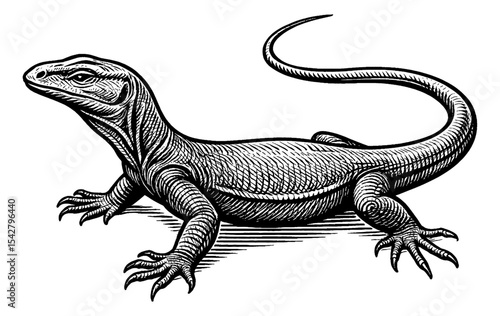 Detailed Engraving Illustration of a Monitor Lizard with Curved Tail