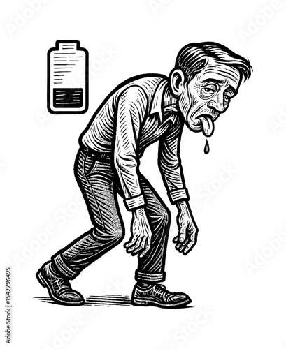 Exhausted Man with Drooping Tongue Leaning Forward, Battery Symbol Indicating Low Energy