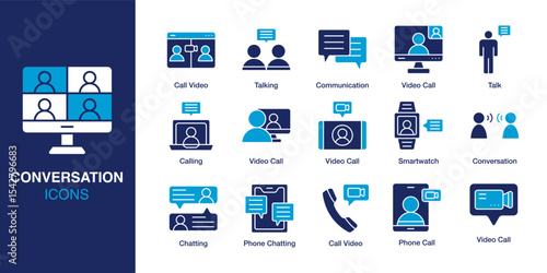 Conversation icon set. Containing Talking, Video, Call, Chatting, Smartwatch, and Phone. Solid vector icons collection. Vector illustration.