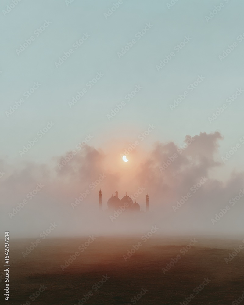 Obraz premium Serene Islamic Architectural Scene with Crescent Moon and Mosque Silhouette in Soft Dawn Haze for Ramadan Marketing and Spiritual Festival Design