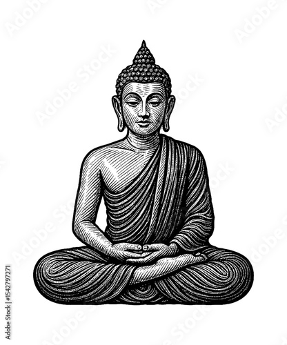 Buddha in Meditation Pose Black and White Detailed Engraving Illustration Asian Spirituality