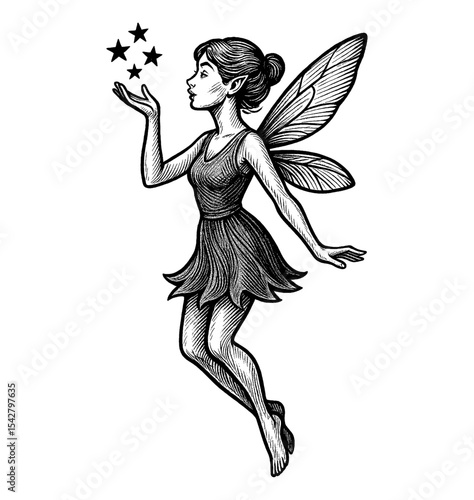 Fairy blowing stars in vintage engraved style, black and white, detailed line art of magical girl