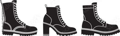 Set of black combat boots silhouettes including laced and heeled military-style shoes for tactical and fashion design themes