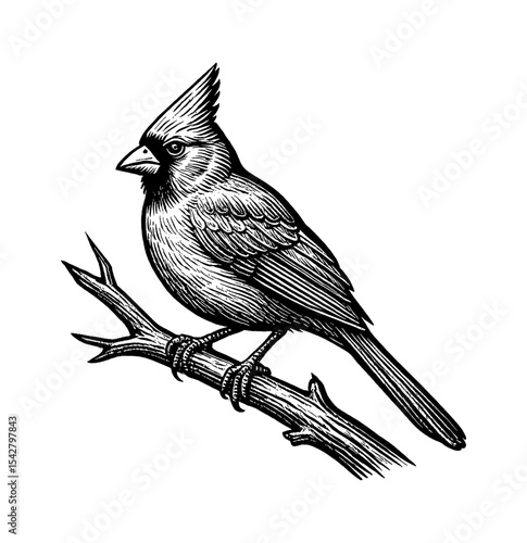 Cardinal Bird Perched on a Branch in Detailed Engraved Black and White Illustration Art Style