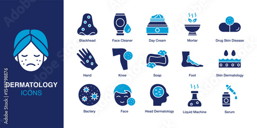 Dermatology icon set. Containing Blackhead, Day Cream, Soap, Face Cleaner, Bactery, and Skin Dermatology. Solid vector icons collection. Vector illustration.