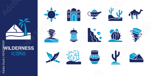 Wilderness icon set. Containing sun, lamp, cactus, camel, sword, and tornado and more. Solid vector icons collection. Vector illustration.