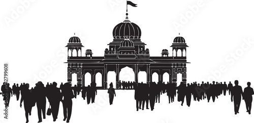 Large gathering silhouette of people in front of grand temple for religious festival, pilgrimage, and worship occasion themes