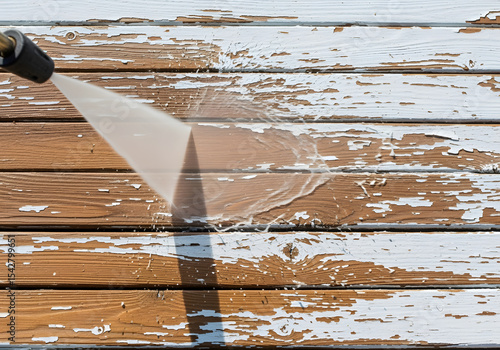 Pressure washing is removing white paint from wooden planks, revealing the natural wood grain underneath