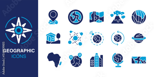 Geographic icon set. Containing pin, globe, map, volcano, orbit, and building and more. Solid vector icons collection. Vector illustration.