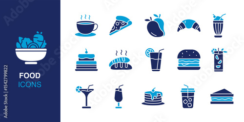 Food icon set. Containing coffee, burger, pizza, mango, sushi, and cocktail and more. Solid vector icons collection. Vector illustration.