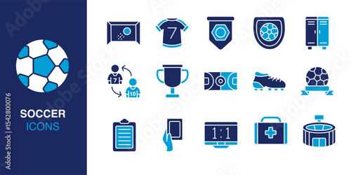 Soccer icon set. Containing football goal, jersey, trophy, tactics, scoreboard, and more. Solid vector icons collection. Vector illustration.