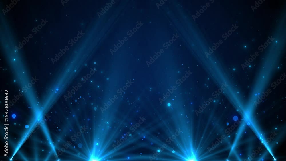 Blue spotlight loop live staging, illuminating Light bulbs for the stage. Light bulb background. Flashes, paparazzi. Stage with spot lighting, shining empty holiday show, award Ceremony advertising