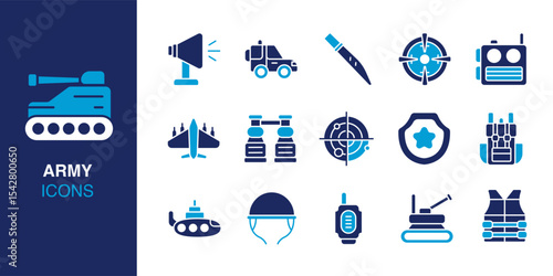 Army icon set. Containing tank, soldier gear, binoculars, radar, bulletproof vest, and more. Solid vector icons collection. Vector illustration.