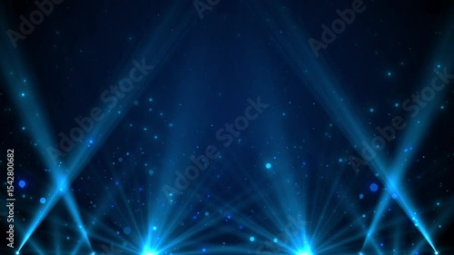 Blue spotlight loop live staging, illuminating Light bulbs for the stage. Light bulb background. Flashes, paparazzi. Stage with spot lighting, shining empty holiday show, award Ceremony advertising