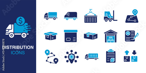 Distribution icon set. Containing transport truck, cardboard box, warehouse, location tracker, clipboard, and more. Solid vector icons collection. Vector illustration.