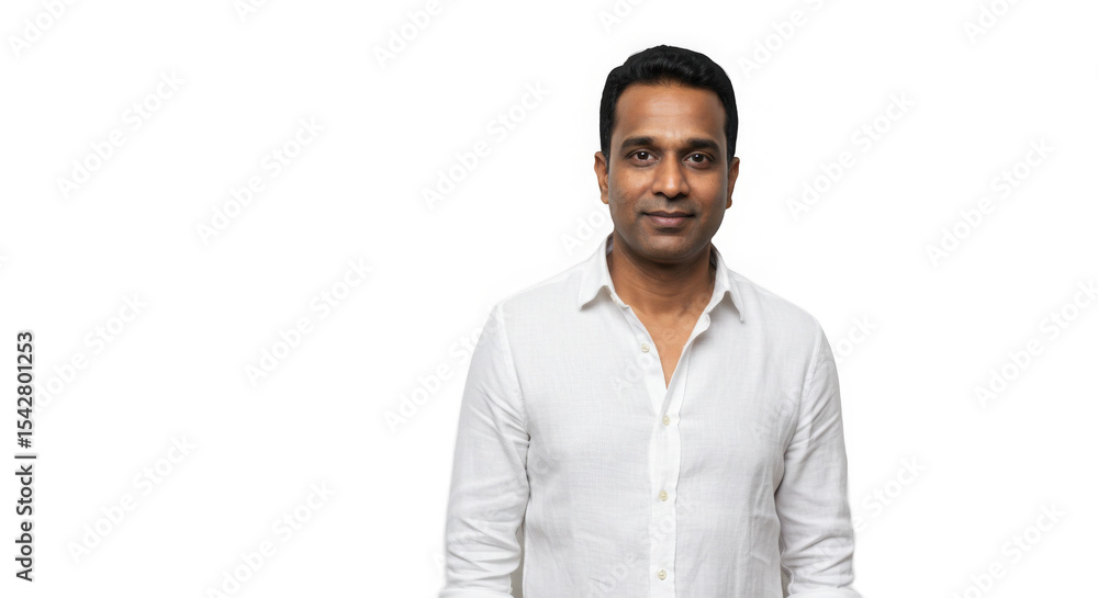 Portrait of a serious man in a white shirt against a transparent background feeling content. Portrait of a serious man in a white shirt against a transparent background feeling content.