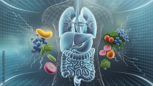 Human digestive system 3 d animation with healthy foods