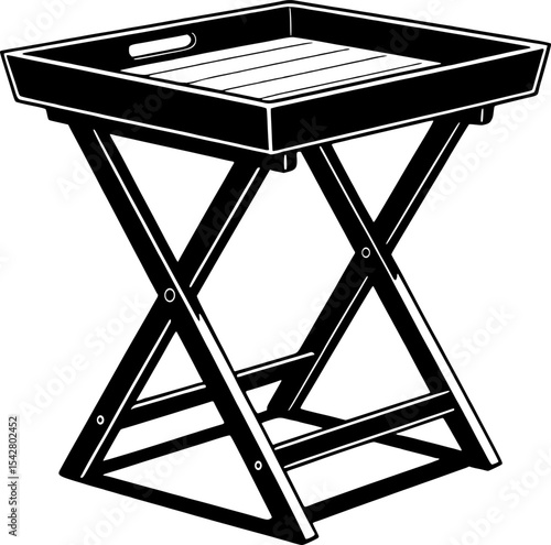Bold black silhouette of collapsible wooden TV tray with X-frame legs, perfect for vintage decor and minimalist interiors