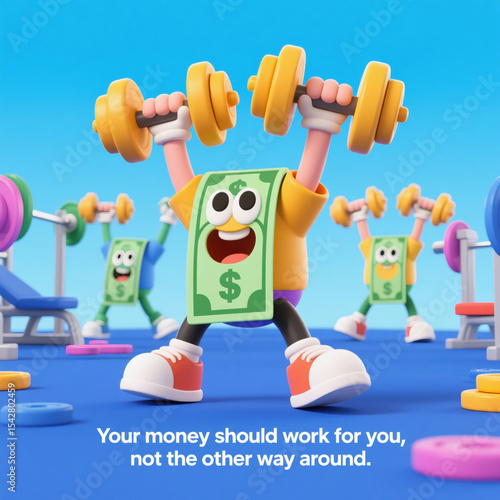 A cartoon character is lifting weights and holding a dollar bill. The text below the image reads, 