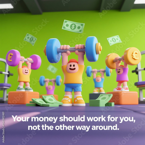 A cartoon of people lifting weights with money in the air. The caption reads 