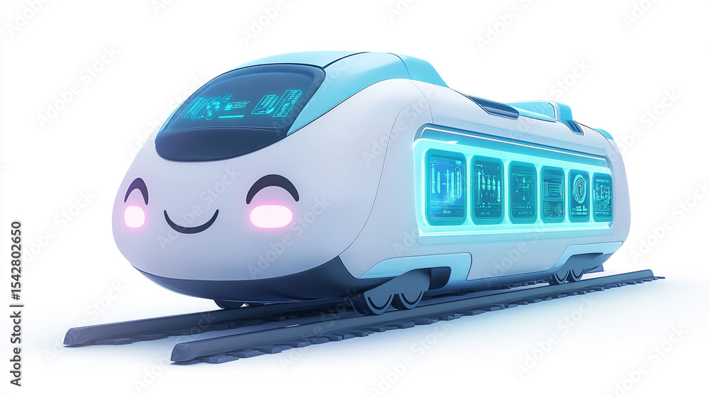 Naklejka premium 3D Illustration character Maglev Train. A cute, futuristic maglev train character with smiling face, designed for transportation branding or children's media.