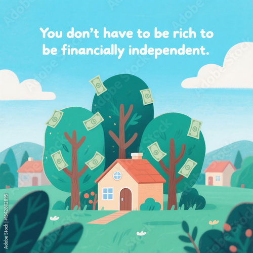 A cartoonish scene of a house with trees and a house with a door. The house has a lot of money in it. The text reads