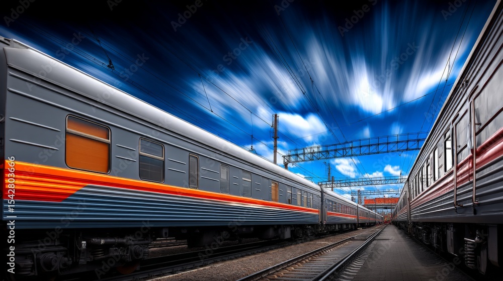 Naklejka premium Modern passenger trains run on railway tracks under a vibrant blue sky with dynamic cloud formations