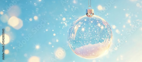 A Christmas ornament, a clear glass sphere, hangs against a light blue background dotted with glittering snowflakes