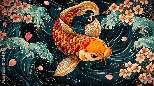 Traditional Japanese tattoo with koi fish and cherry blossoms